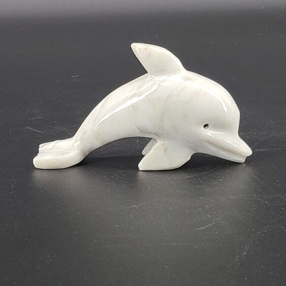 Carved Stone Dolphin Figurine Paperweight Decor White Gray Marbled - Picture 2 of 4
